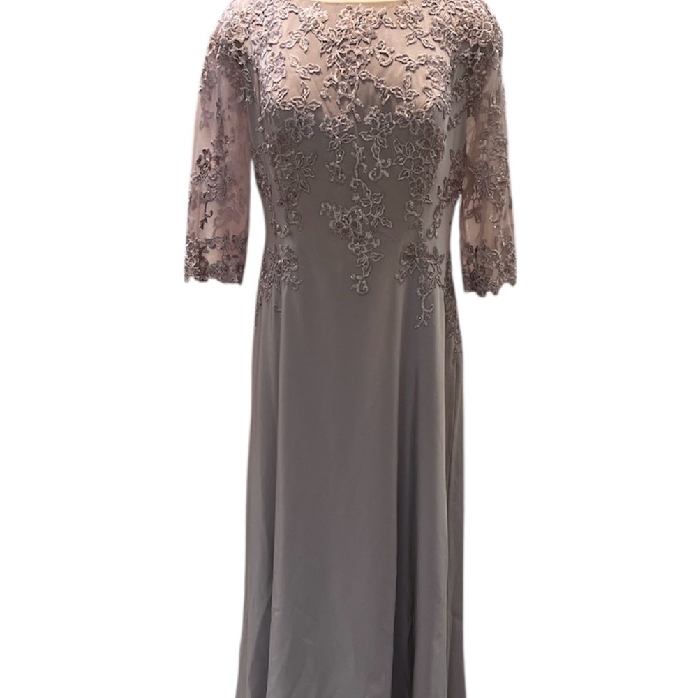 La Femme Long Sleeve Embroidered Dress in Taupe Mother of the Bride